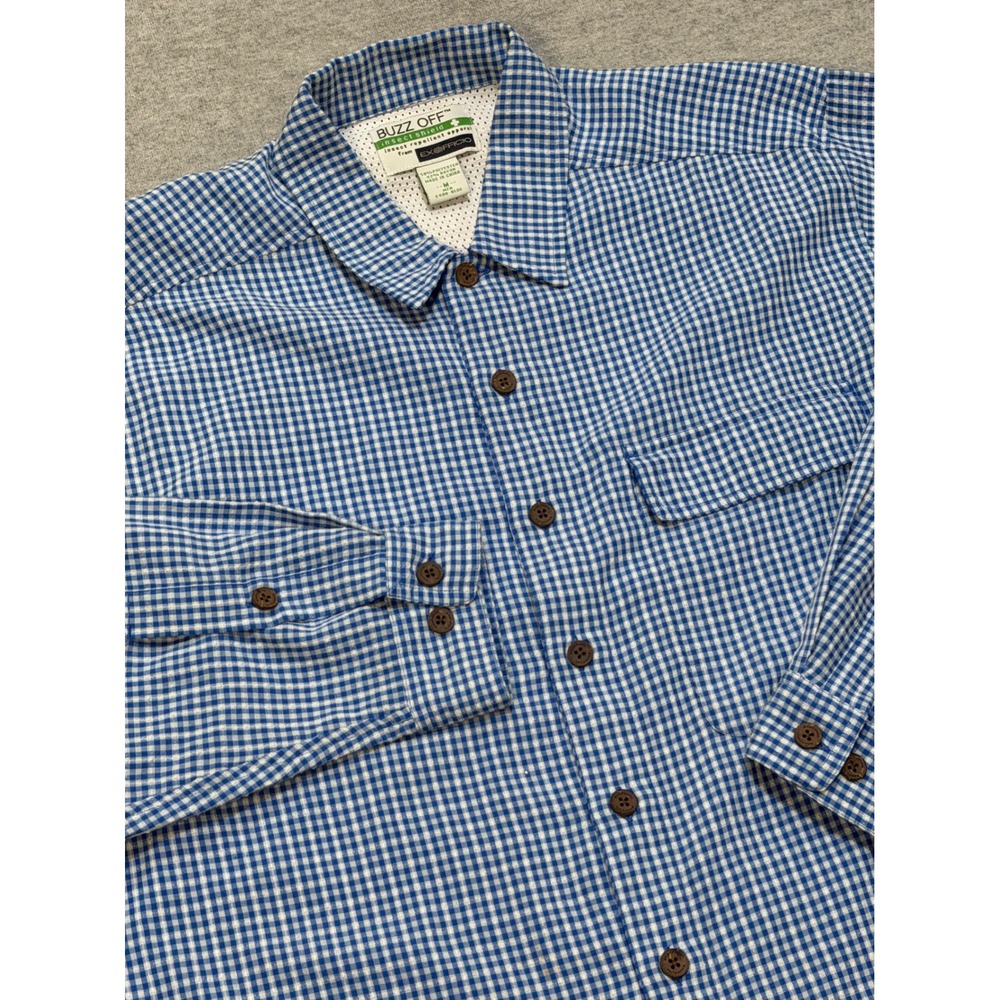 ExOfficio Buzz Off Insect Shield Mens Medium Blue Gingham Button Down Shirt M